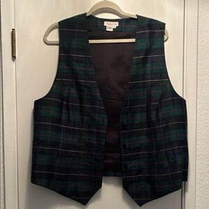 Talbots pure silk duponi blue green plaid vest